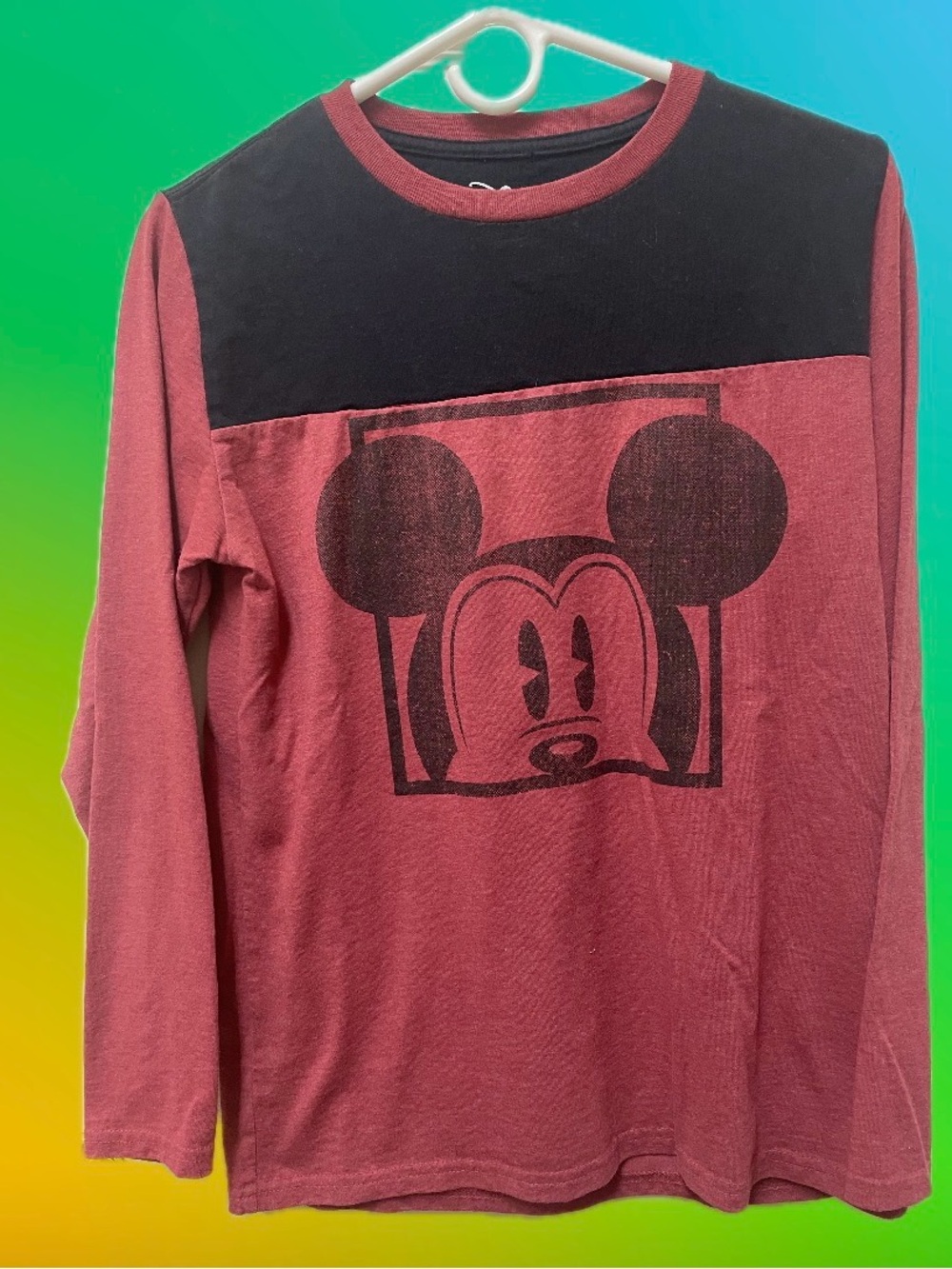 Disney Kids Long Sleeve Two-Tone Mickey Graphic Tee - Maroon/Black Size XL